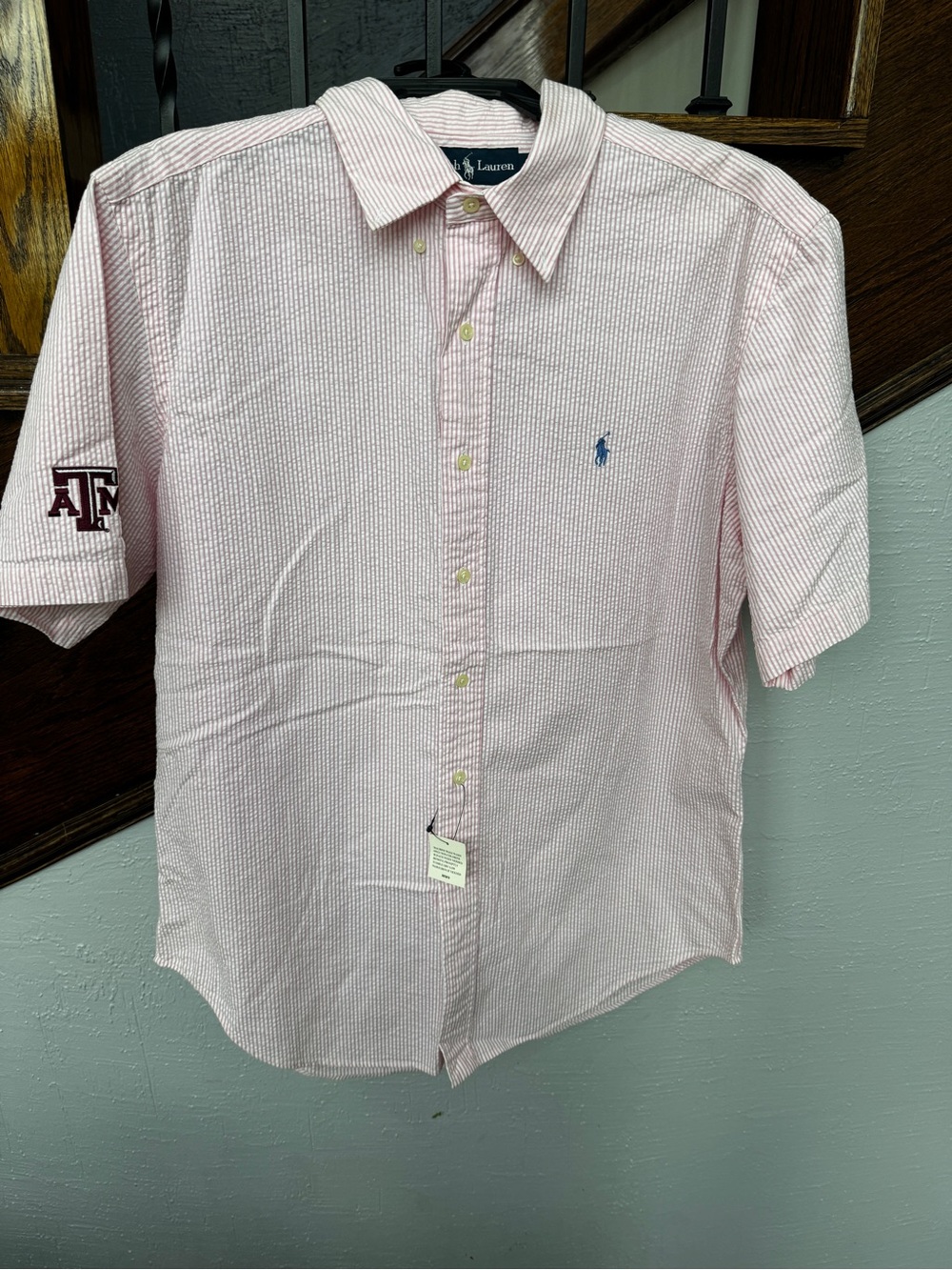 NEW Ralph Lauren Men’s Seersucker Button-Down Texas A&M Monogram Shirt - Pink